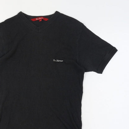 Ben Sherman Women's Black L Ribbed V-Neck Slim Fit Short Sleeve T-Shirt