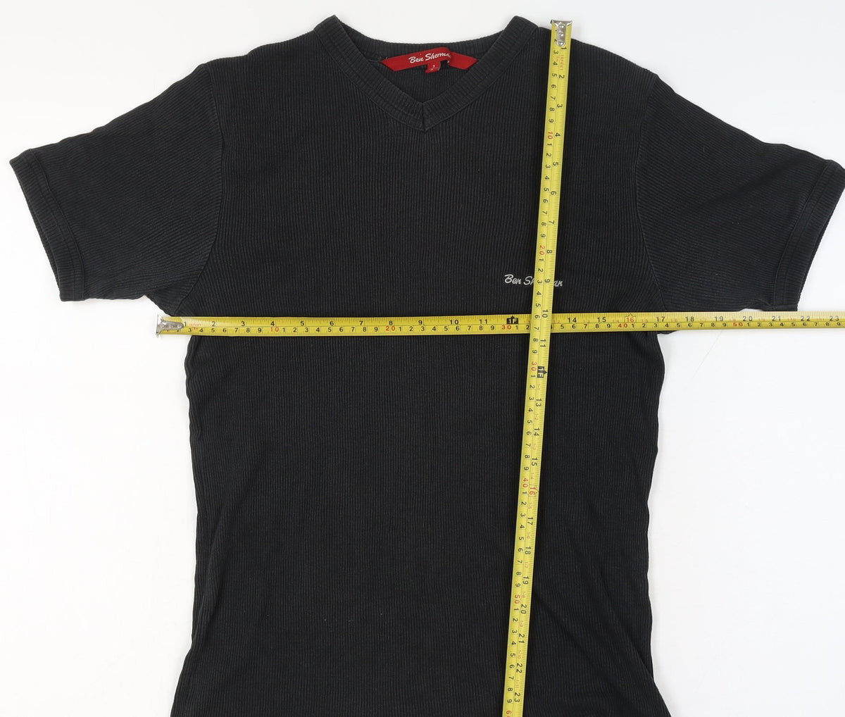 Ben Sherman Women's Black L Ribbed V-Neck Slim Fit Short Sleeve T-Shirt