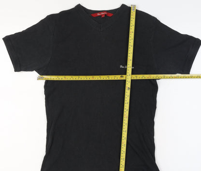 Ben Sherman Women's Black L Ribbed V-Neck Slim Fit Short Sleeve T-Shirt