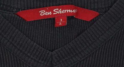 Ben Sherman Women's Black L Ribbed V-Neck Slim Fit Short Sleeve T-Shirt