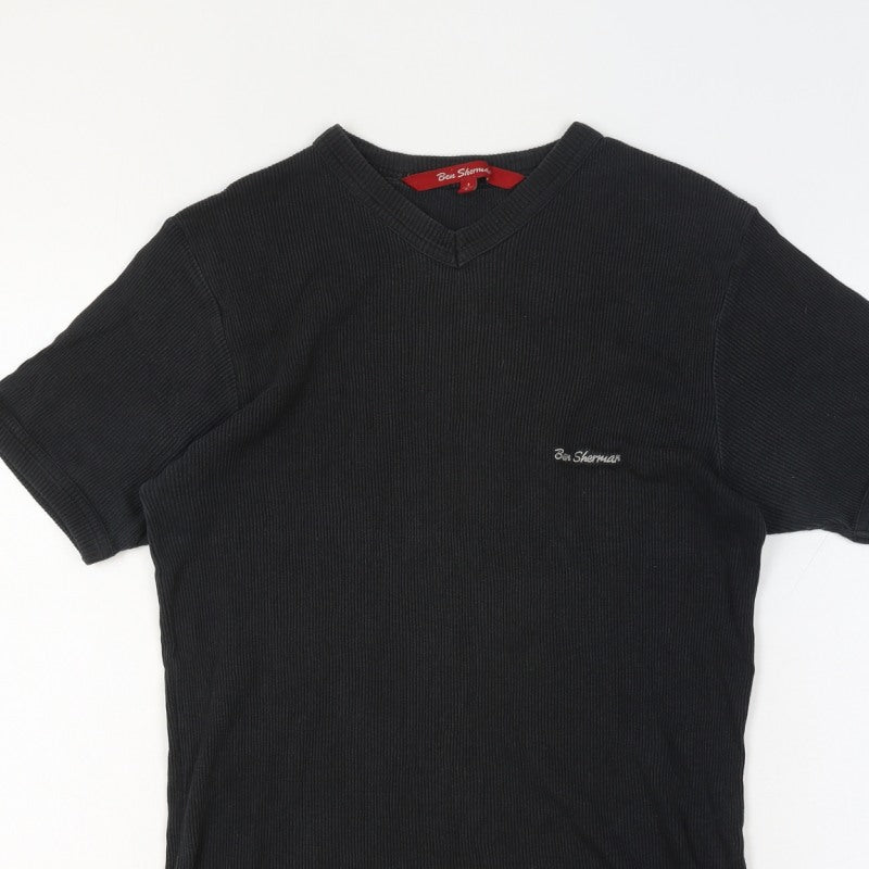 Ben Sherman Women's Black L Ribbed V-Neck Slim Fit Short Sleeve T-Shirt