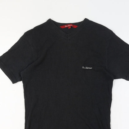Ben Sherman Women's Black L Ribbed V-Neck Slim Fit Short Sleeve T-Shirt
