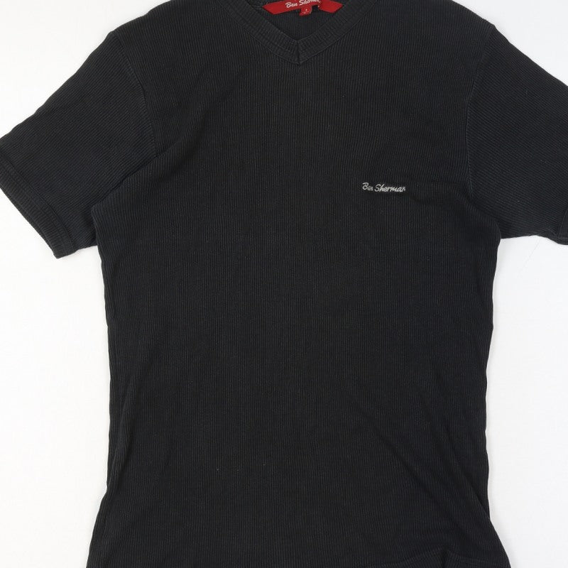 Ben Sherman Women's Black L Ribbed V-Neck Slim Fit Short Sleeve T-Shirt