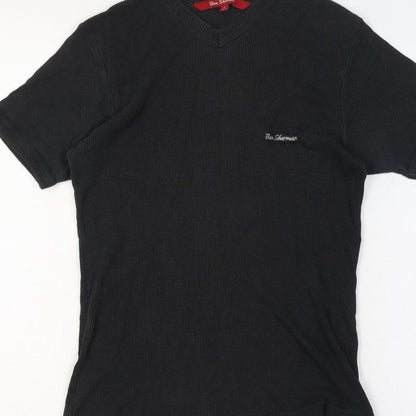 Ben Sherman Women's Black L Ribbed V-Neck Slim Fit Short Sleeve T-Shirt