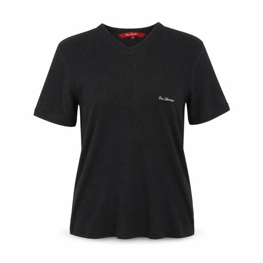 Ben Sherman Women's Black L Ribbed V-Neck Slim Fit Short Sleeve T-Shirt