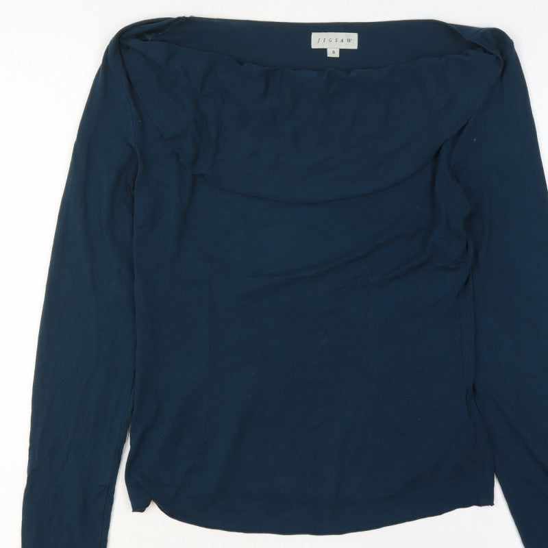 Jigsaw Women Navy Blue UK 10 Ruffle Boat Neck Modal Long Sleeve Blouse