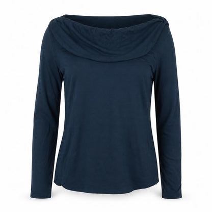 Jigsaw Women Navy Blue UK 10 Ruffle Boat Neck Modal Long Sleeve Blouse