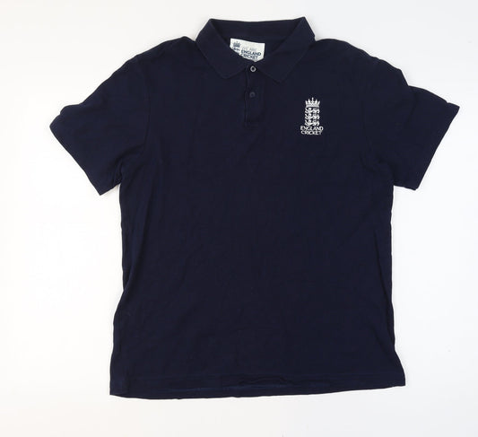 Back view of England Cricket Men’s Blue L Cotton Embroidered Logo Short Sleeve Polo