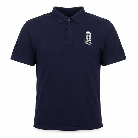 Front view of England Cricket Men’s Blue L Cotton Embroidered Logo Short Sleeve Polo