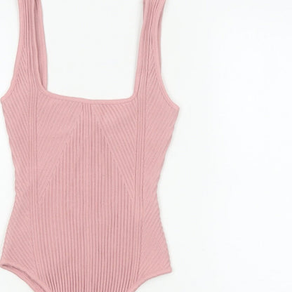 Zara Women Pink S Ribbed Knit Sleeveless Square Neck Bodysuit