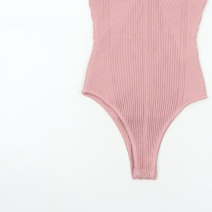 Zara Women Pink S Ribbed Knit Sleeveless Square Neck Bodysuit
