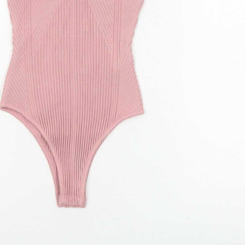 Zara Women Pink S Ribbed Knit Sleeveless Square Neck Bodysuit