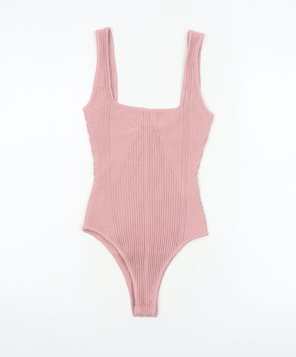 Zara Women Pink S Ribbed Knit Sleeveless Square Neck Bodysuit