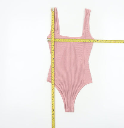 Zara Women Pink S Ribbed Knit Sleeveless Square Neck Bodysuit