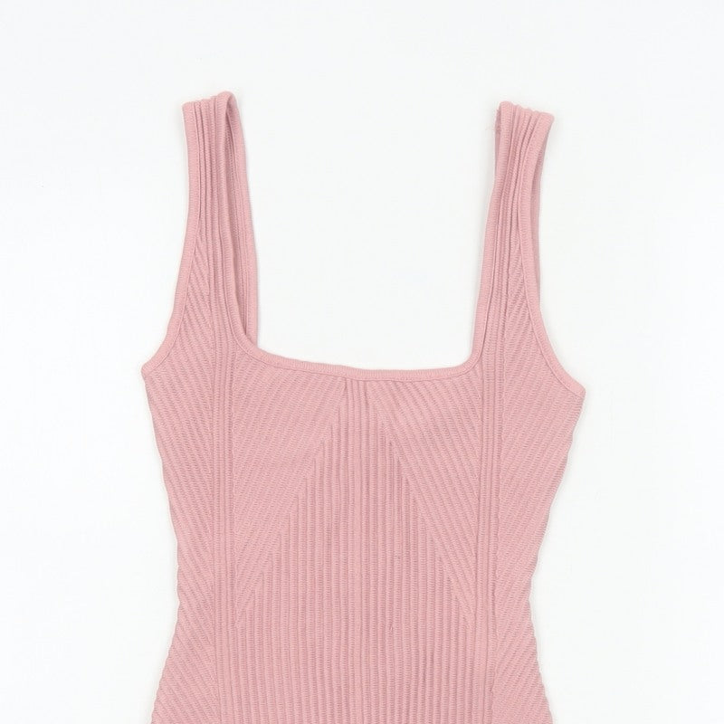 Zara Women Pink S Ribbed Knit Sleeveless Square Neck Bodysuit