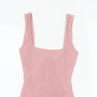 Zara Women Pink S Ribbed Knit Sleeveless Square Neck Bodysuit