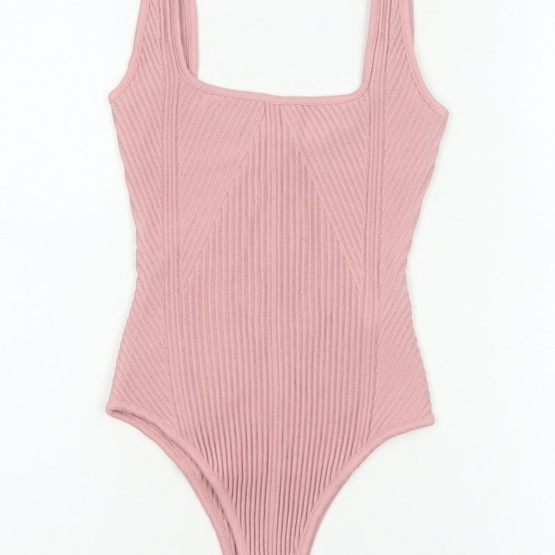 Zara Women Pink S Ribbed Knit Sleeveless Square Neck Bodysuit
