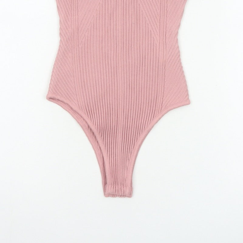 Zara Women Pink S Ribbed Knit Sleeveless Square Neck Bodysuit