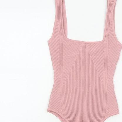 Zara Women Pink S Ribbed Knit Sleeveless Square Neck Bodysuit
