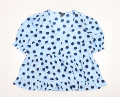 New Look Curves Women Blue Polka Dot Wrap Ruffle Blouse UK 20 Plus