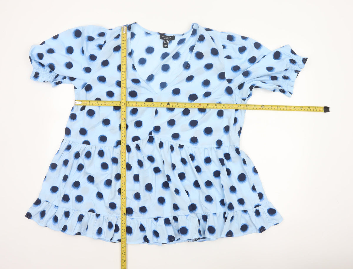 New Look Curves Women Blue Polka Dot Wrap Ruffle Blouse UK 20 Plus