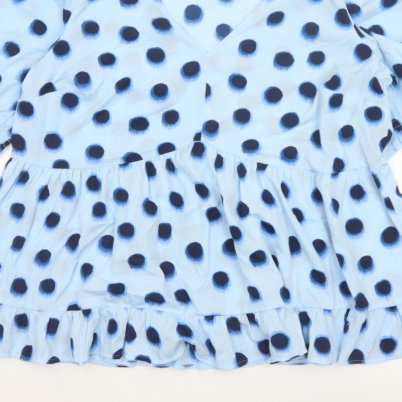 New Look Curves Women Blue Polka Dot Wrap Ruffle Blouse UK 20 Plus