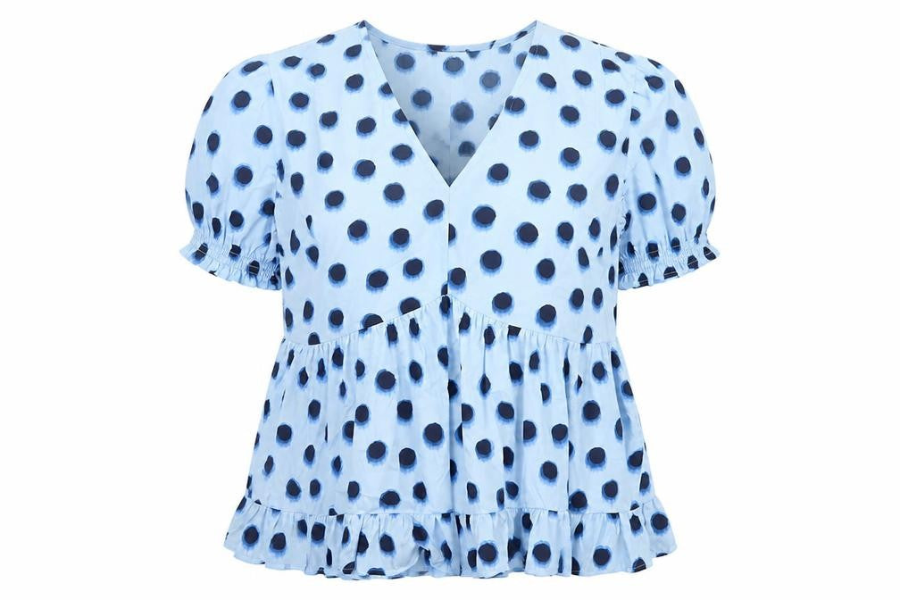 New Look Curves Women Blue Polka Dot Wrap Ruffle Blouse UK 20 Plus
