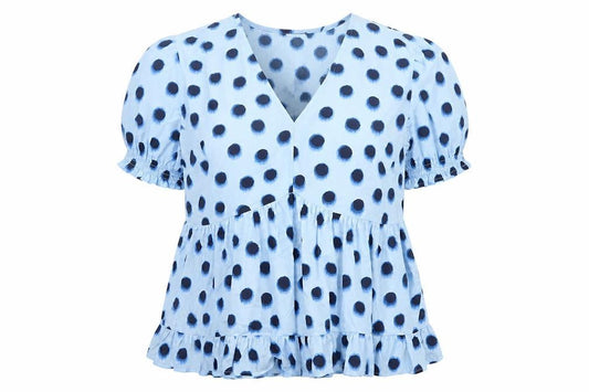 New Look Curves Women Blue Polka Dot Wrap Ruffle Blouse UK 20 Plus