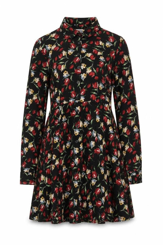 Zara Basic Women Black Floral Shirt Dress Size S Fit & Flare