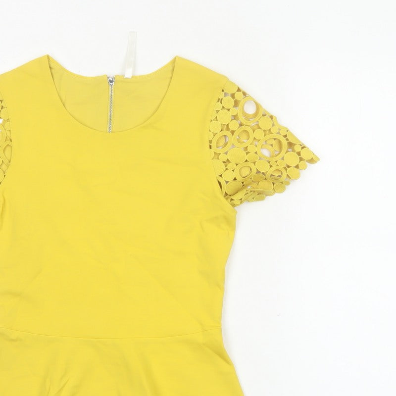 Karen Millen Women Yellow UK 8 Peplum Crochet Sleeve Blouse