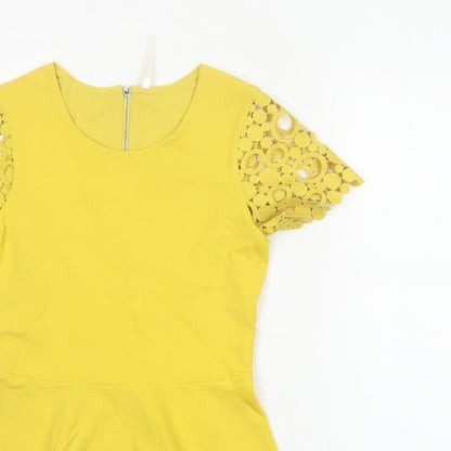 Karen Millen Women Yellow UK 8 Peplum Crochet Sleeve Blouse
