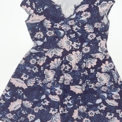 Dorothy Perkins Women Blue Floral Skater Dress UK 12 Cotton Jersey