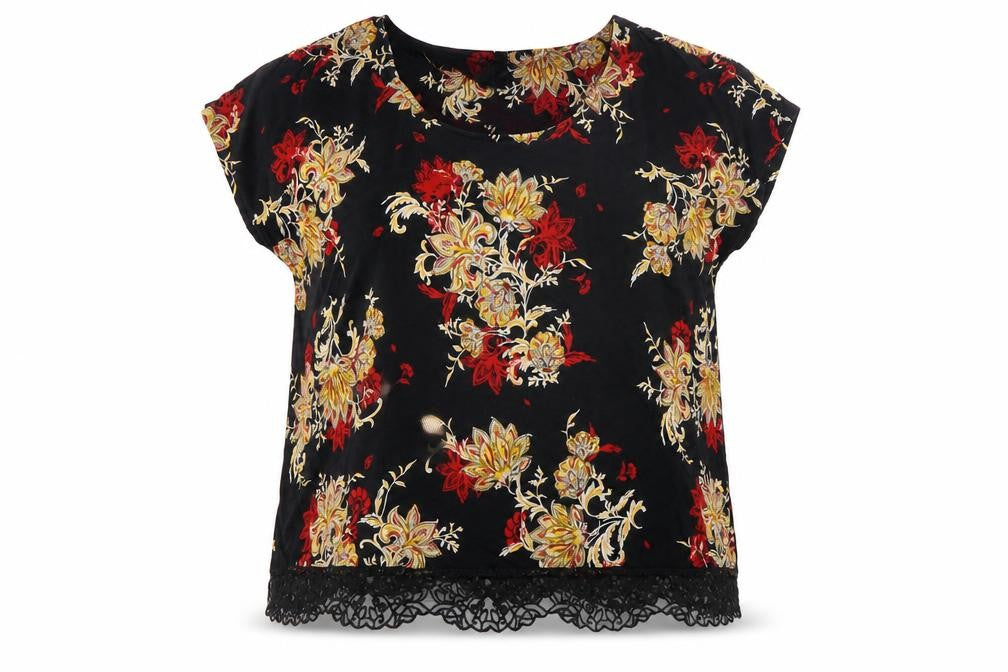 M&S Per Una Women Black Floral Lace Hem Jersey Blouse UK 22