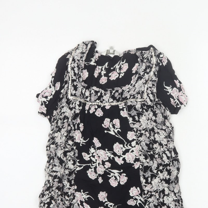 Rocha John Rocha Women Black Floral Beaded Tunic Blouse UK 14