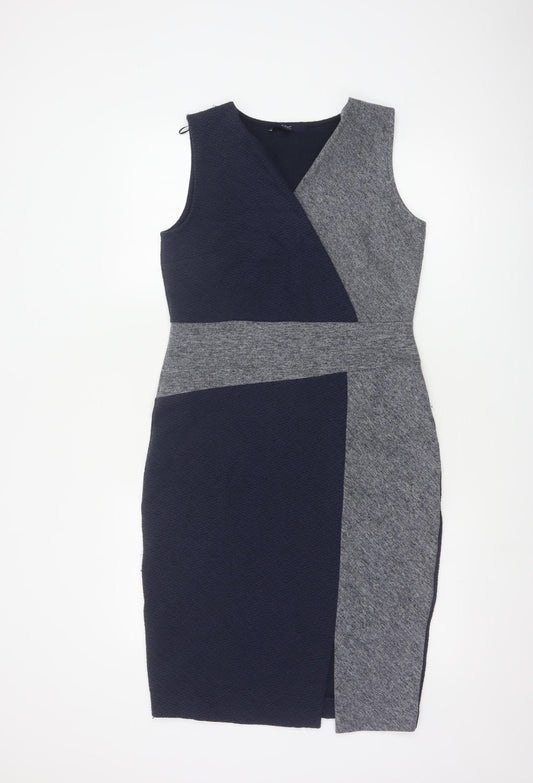 Next Women Blue Grey UK 12 Colourblock V-Neck Pencil Dress