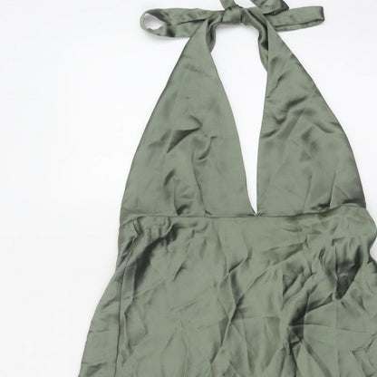 Zara Women Green XL Halter Mini Fit & Flare Satin Party Dress