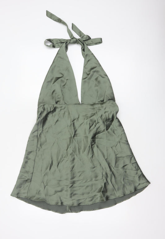 Zara Women Green XL Halter Mini Fit & Flare Satin Party Dress