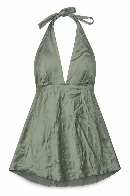 Zara Women Green XL Halter Mini Fit & Flare Satin Party Dress