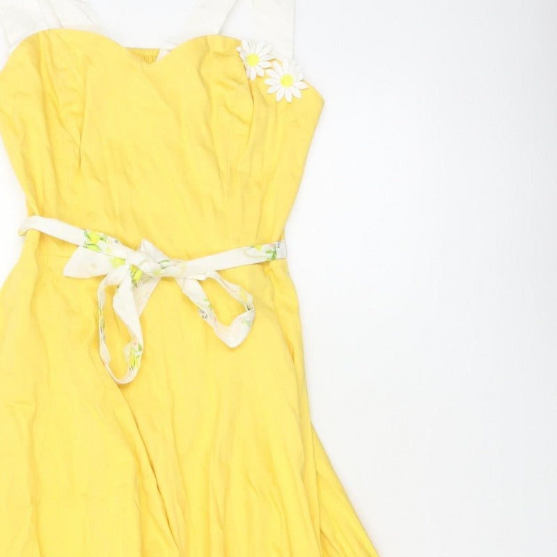 Collectif Women Yellow UK 14 Halter Fit & Flare Midi Daisy Dress