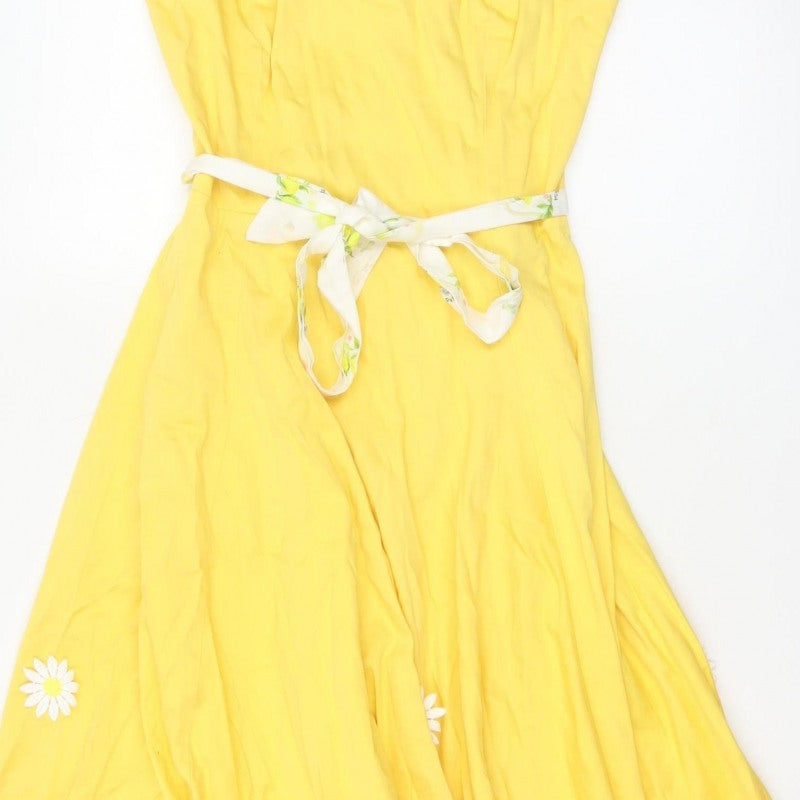 Collectif Women Yellow UK 14 Halter Fit & Flare Midi Daisy Dress