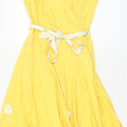 Collectif Women Yellow UK 14 Halter Fit & Flare Midi Daisy Dress