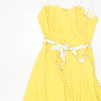 Collectif Women Yellow UK 14 Halter Fit & Flare Midi Daisy Dress