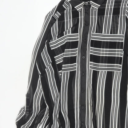 M&S Women Black Ivory Striped Sheer Tunic Button-Up Shirt UK 14