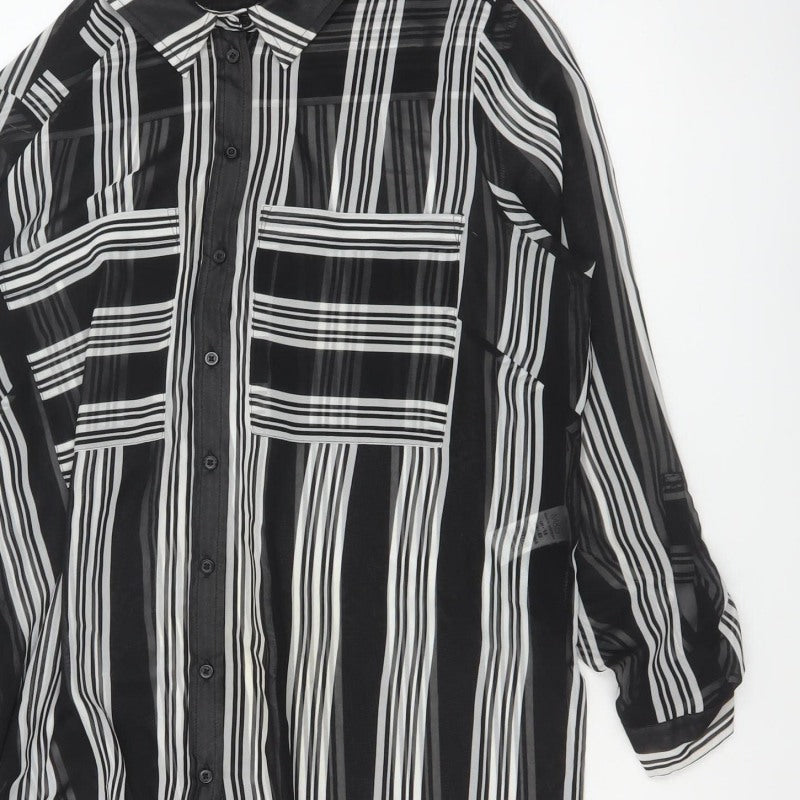 M&S Women Black Ivory Striped Sheer Tunic Button-Up Shirt UK 14