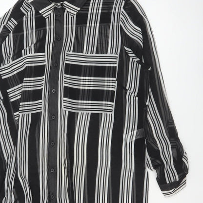 M&S Women Black Ivory Striped Sheer Tunic Button-Up Shirt UK 14