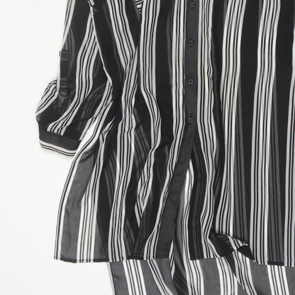 M&S Women Black Ivory Striped Sheer Tunic Button-Up Shirt UK 14
