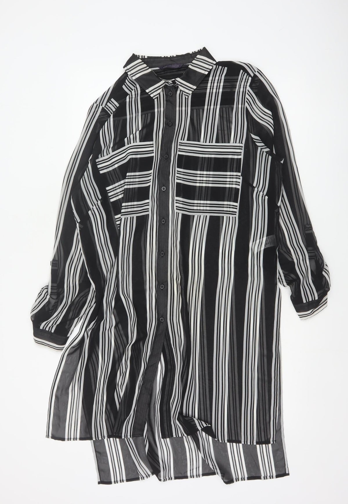 M&S Women Black Ivory Striped Sheer Tunic Button-Up Shirt UK 14