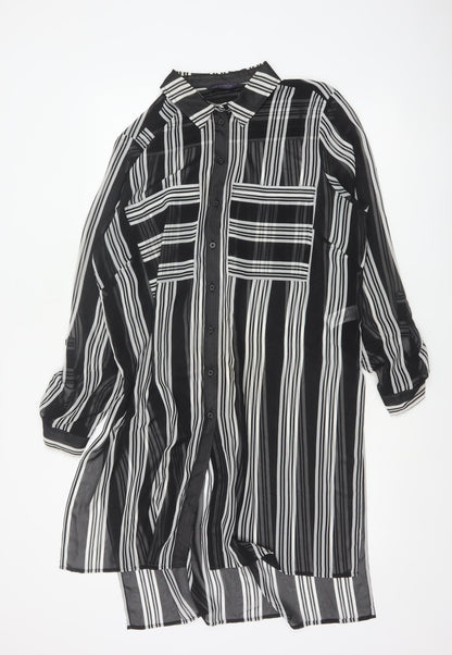 M&S Women Black Ivory Striped Sheer Tunic Button-Up Shirt UK 14