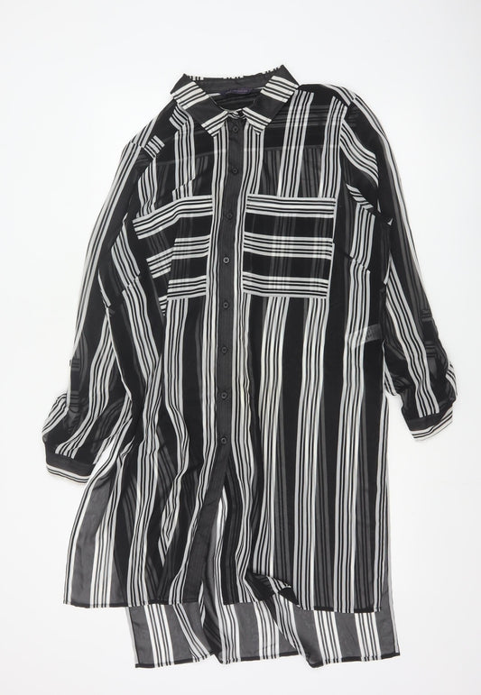 M&S Women Black Ivory Striped Sheer Tunic Button-Up Shirt UK 14