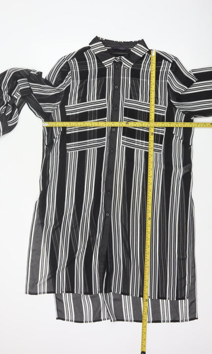 M&S Women Black Ivory Striped Sheer Tunic Button-Up Shirt UK 14